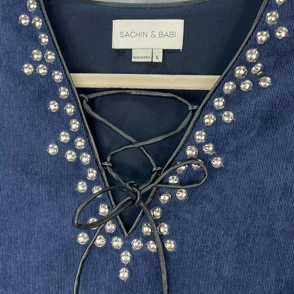 Sachin & Babi Tripp Corduroy Mini Dress Navy Blue Studded Leather Trim Small - Picture 9 of 11